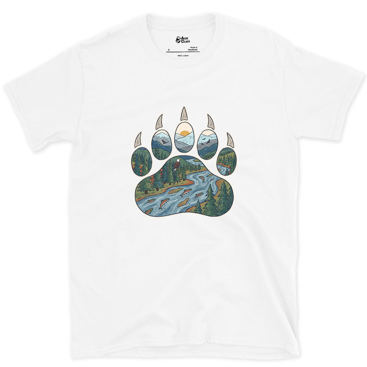 A Salmon River in the Paw Print design on a White Gildan Softstyle t-shirt