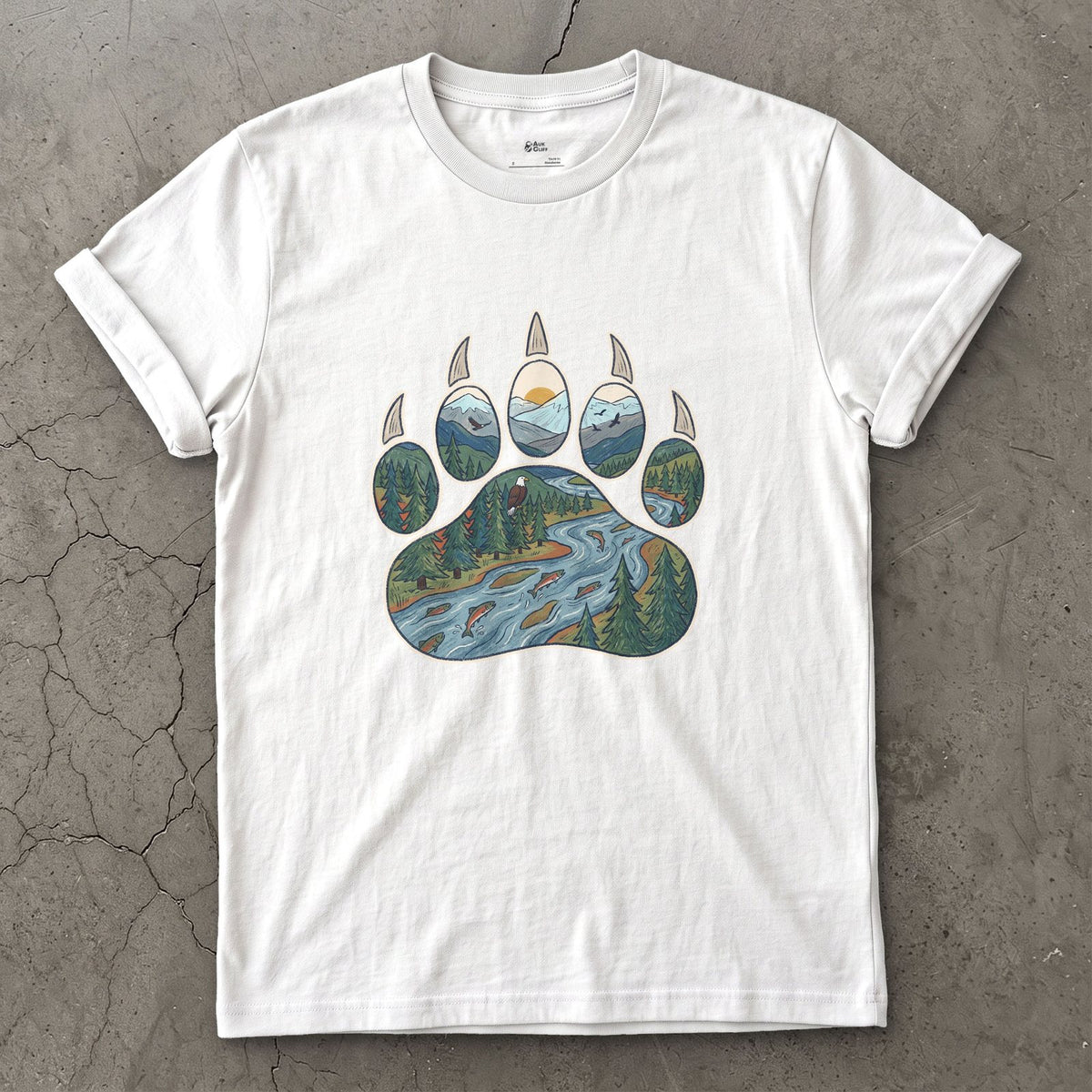 A Salmon River in the Paw Print design on a White Gildan Softstyle t-shirt