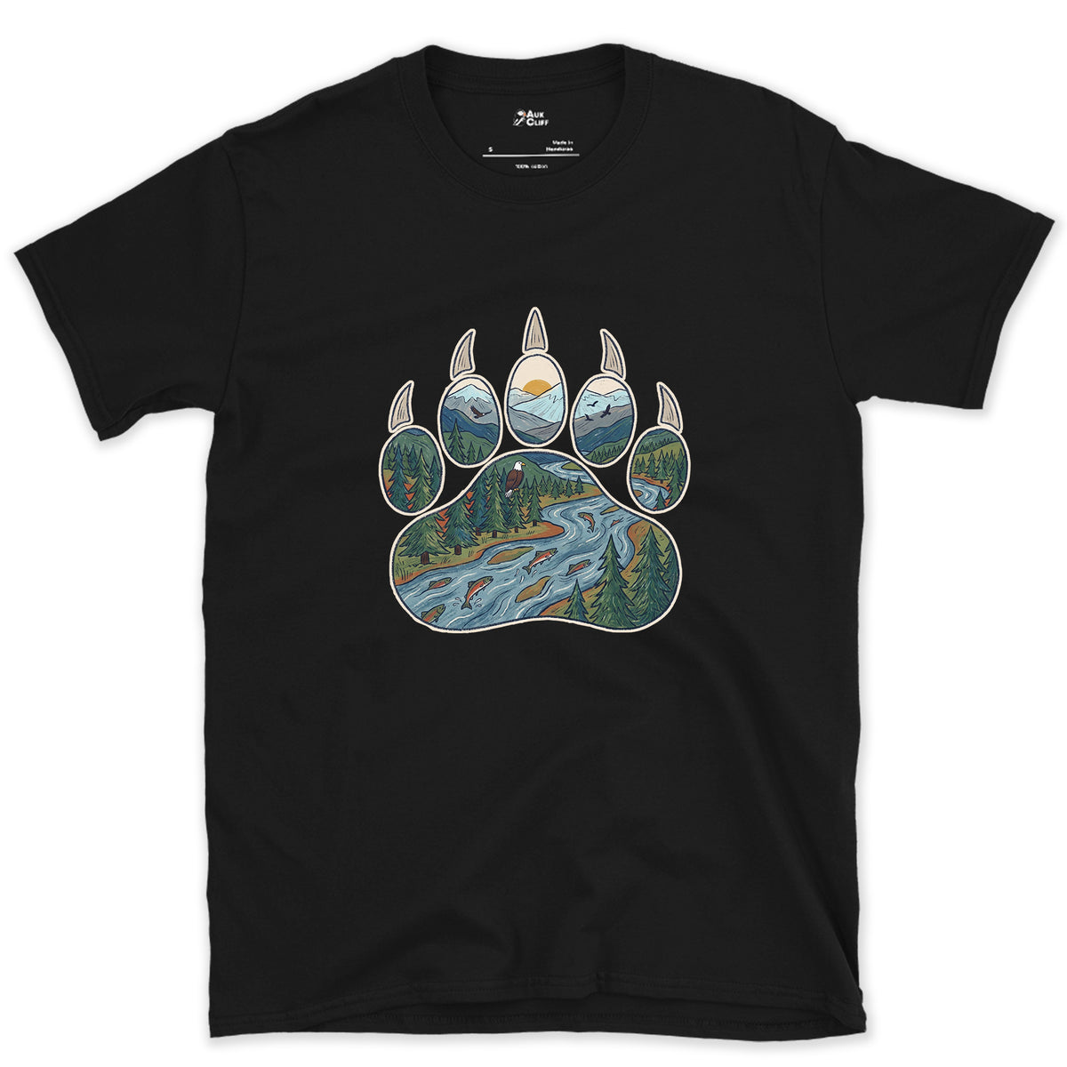 A Salmon River in the Paw Print design on a Black Gildan Softstyle t-shirt