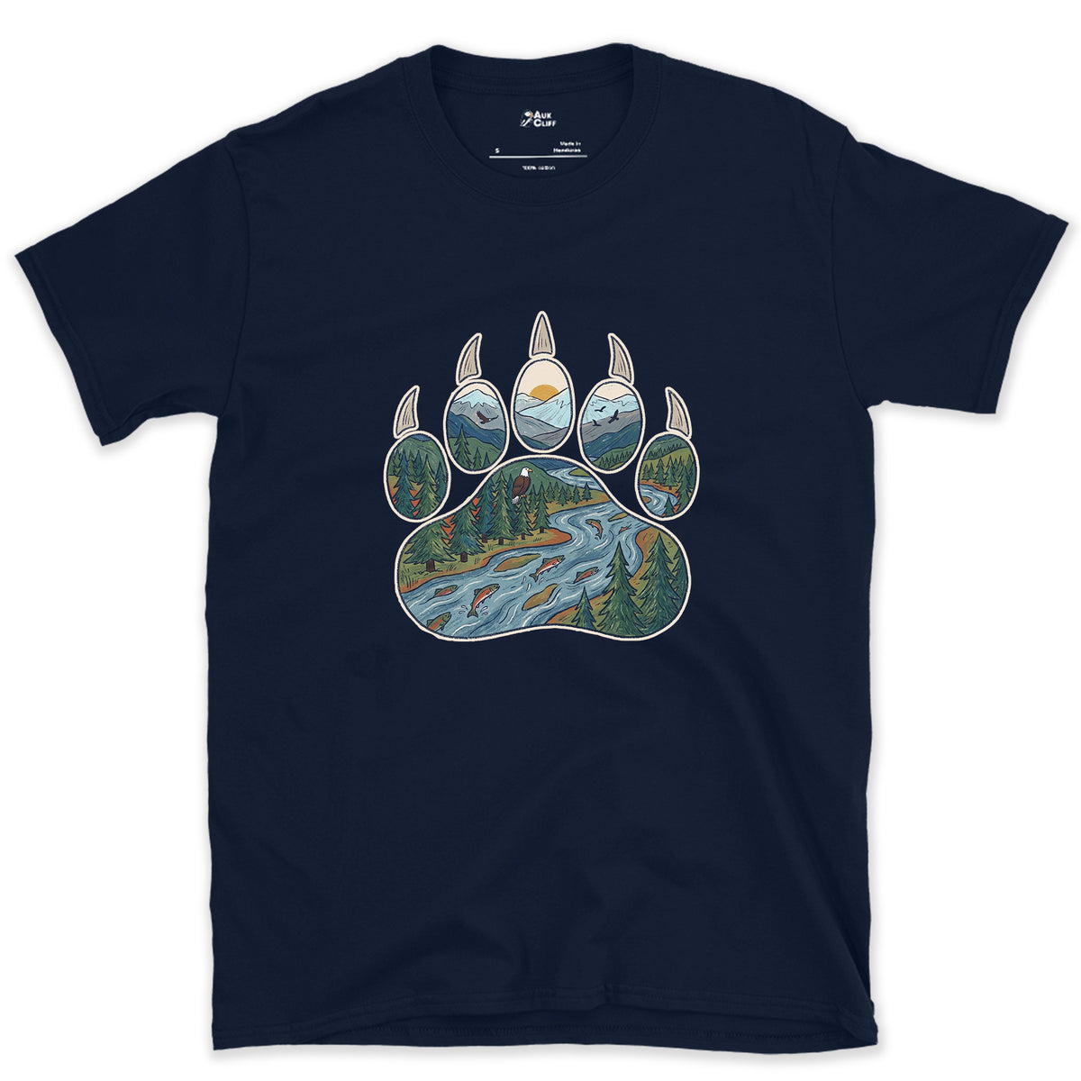 A Salmon River in the Paw Print design on a Navy Gildan Softstyle t-shirt