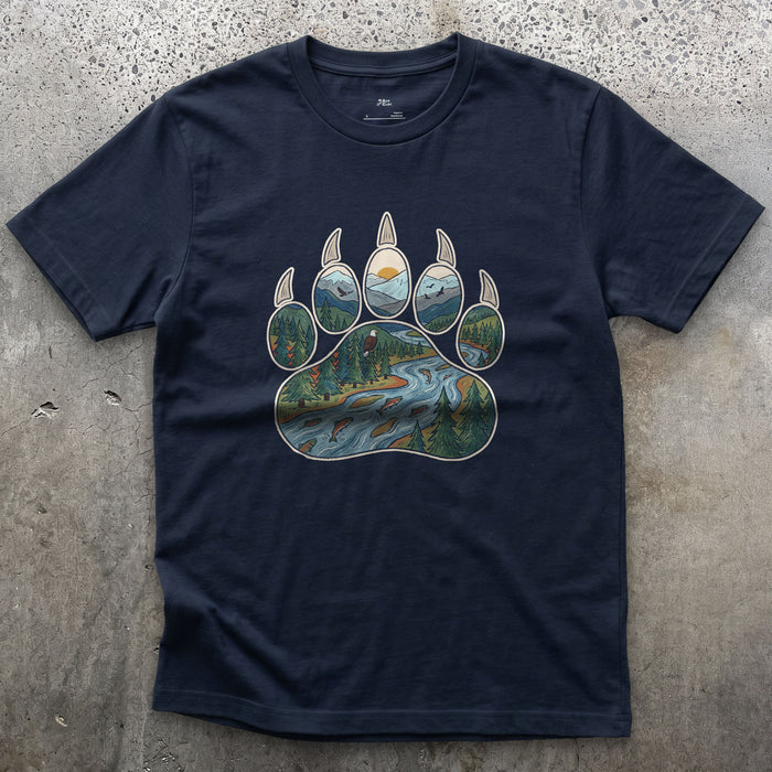 A Salmon River in the Paw Print design on a Navy Gildan Softstyle t-shirt