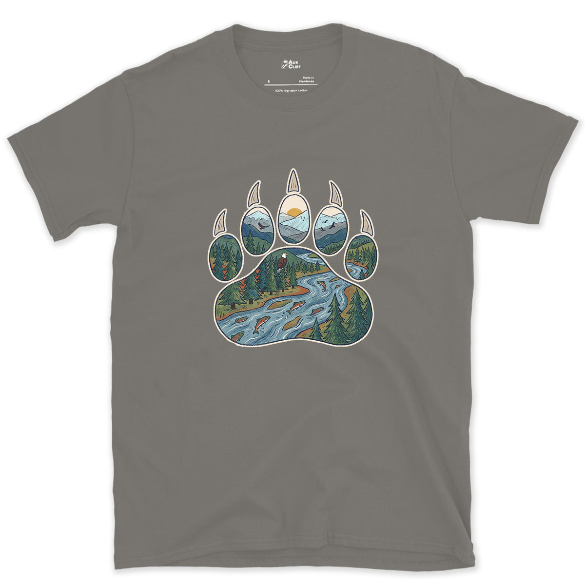 A Salmon River in the Paw Print design on a Charcoal Gildan Softstyle t-shirt