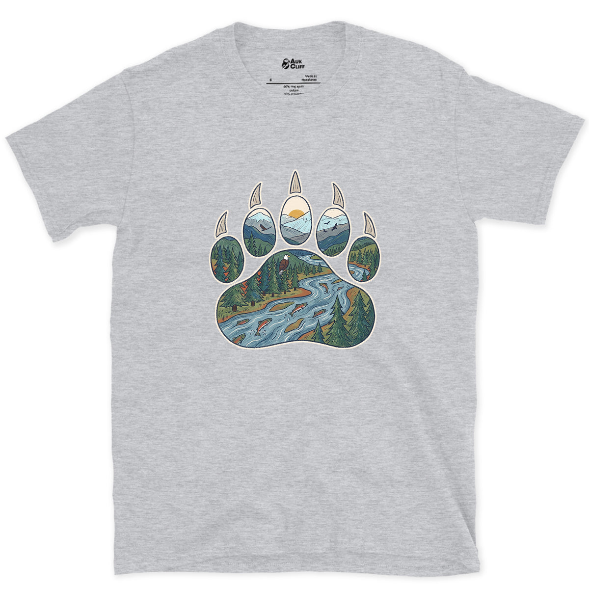 A Salmon River in the Paw Print design on a Sport Grey Gildan Softstyle t-shirt