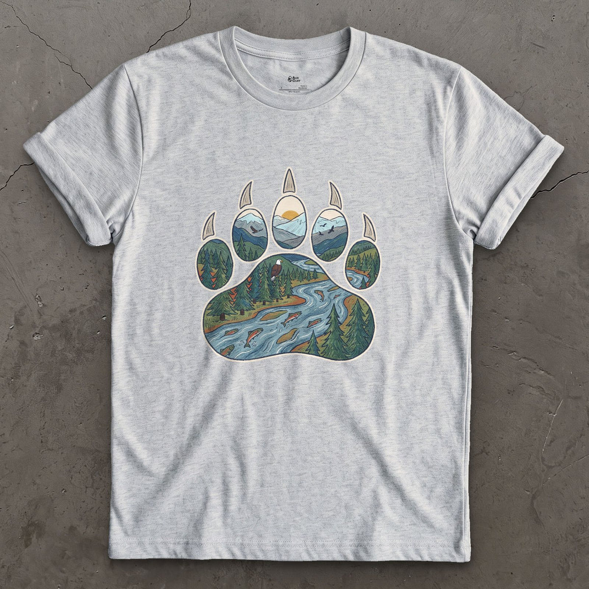 A Salmon River in the Paw Print design on a Sport Grey Gildan Softstyle t-shirt