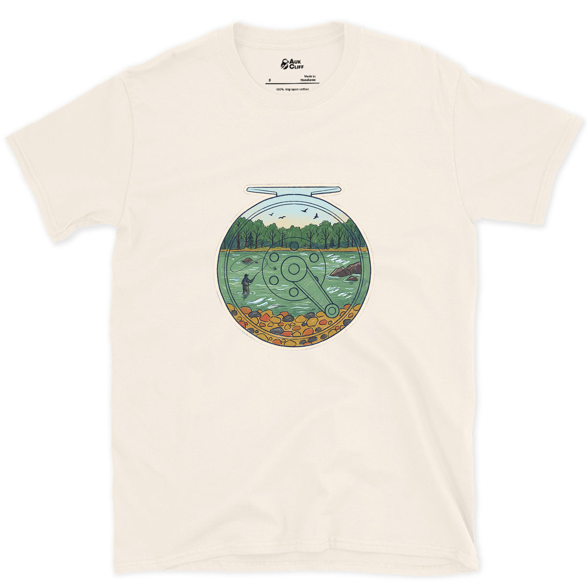 A Summer River on the Reel design on a Natural Gildan Softstyle t-shirt