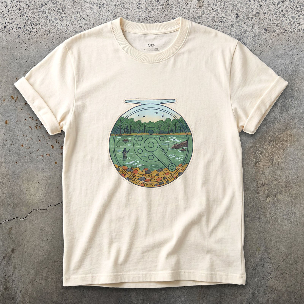 A Summer River on the Reel design on a Natural Gildan Softstyle t-shirt