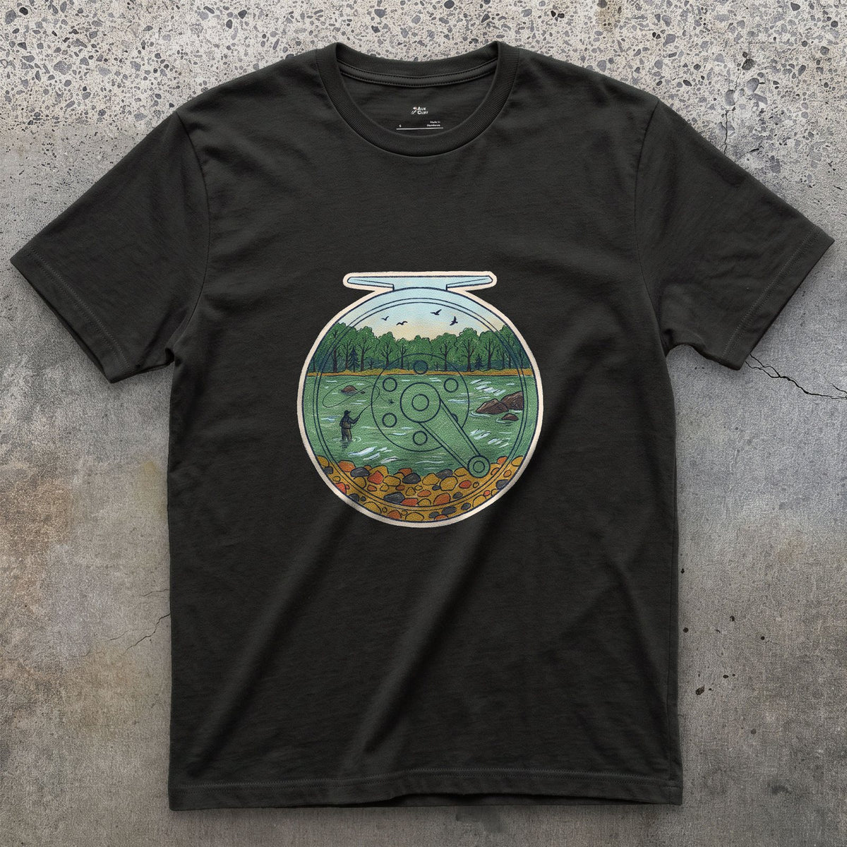 A Summer River on the Reel design on a Black Gildan Softstyle t-shirt