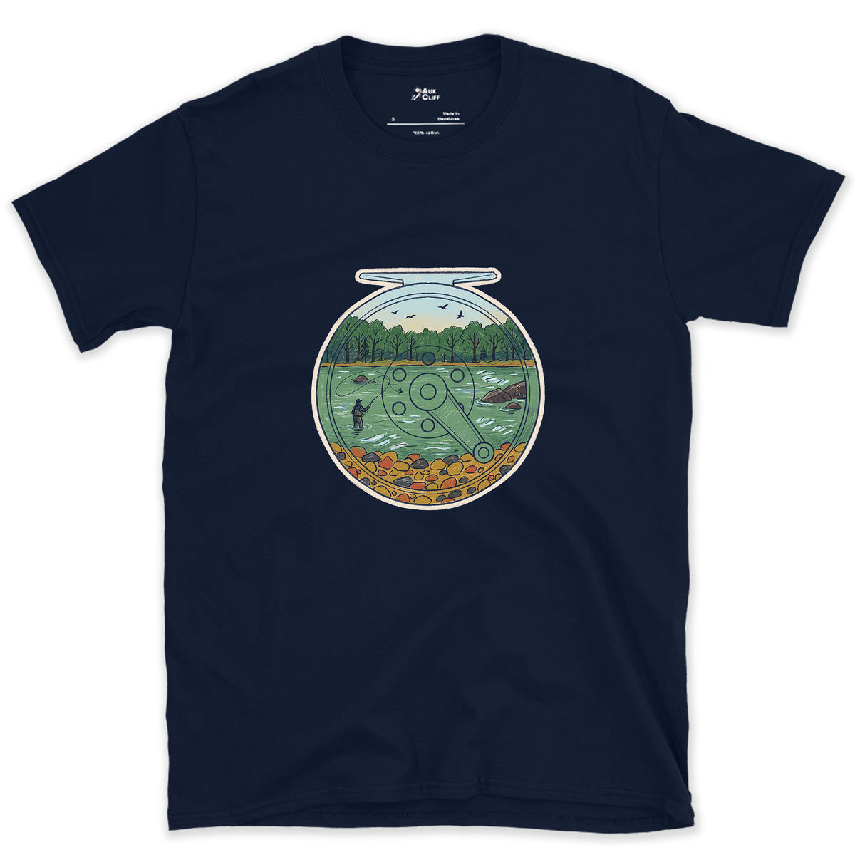 A Summer River on the Reel design on a Navy Gildan Softstyle t-shirt