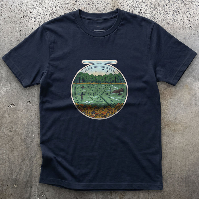 A Summer River on the Reel design on a Navy Gildan Softstyle t-shirt