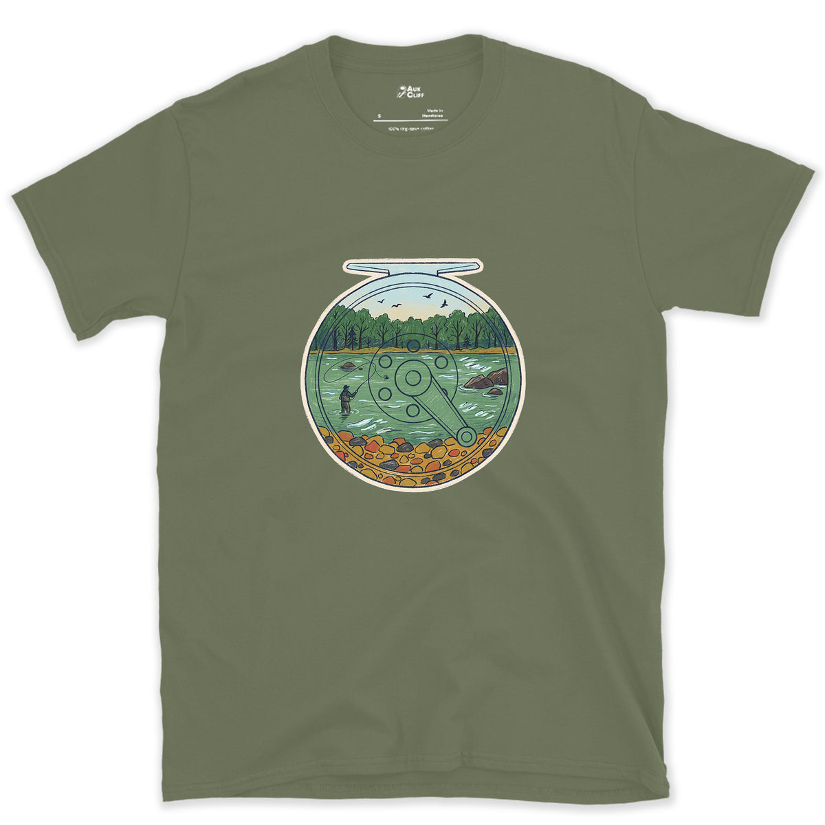 A Summer River on the Reel design on a Military Green Gildan Softstyle t-shirt