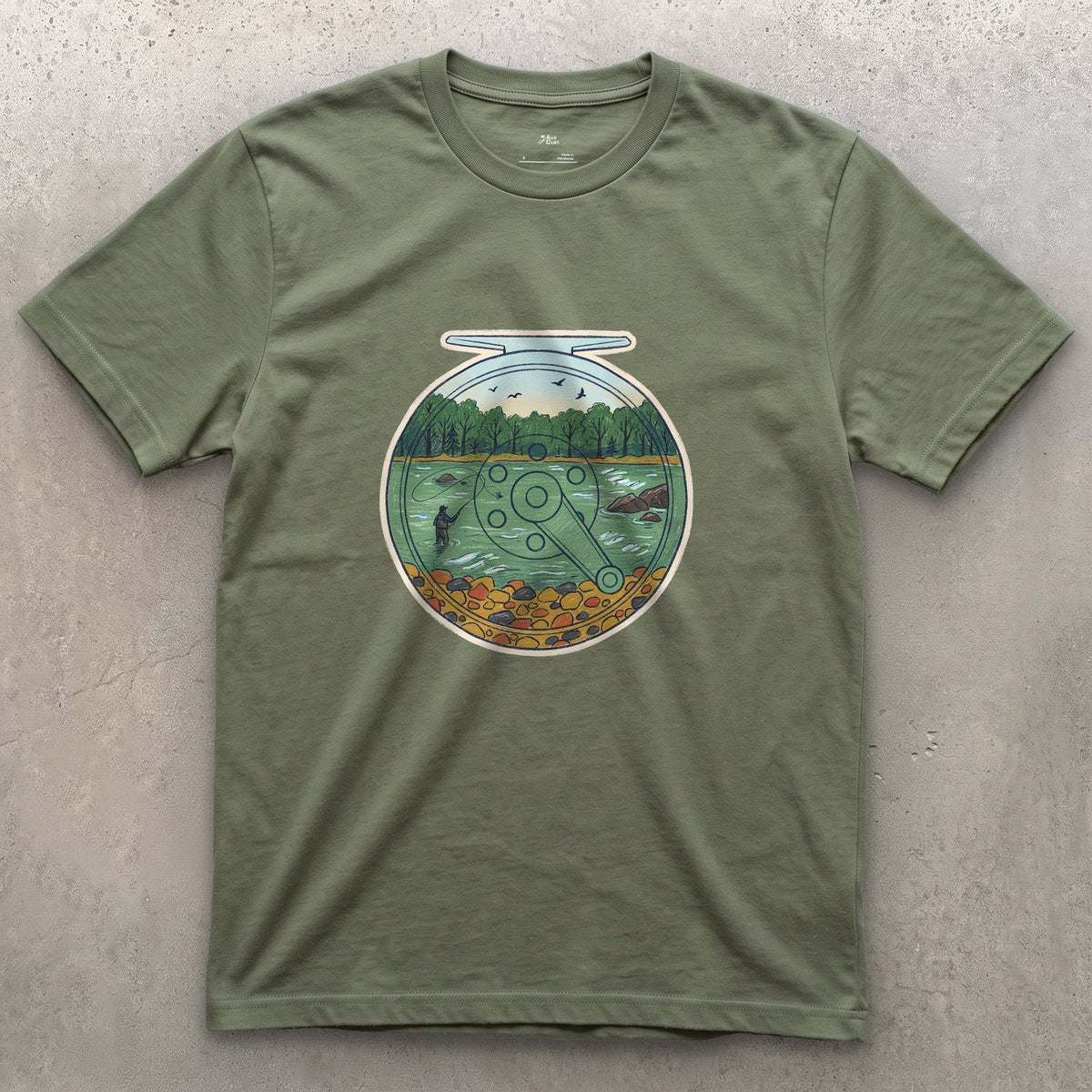 A Summer River on the Reel design on a Military Green Gildan Softstyle t-shirt