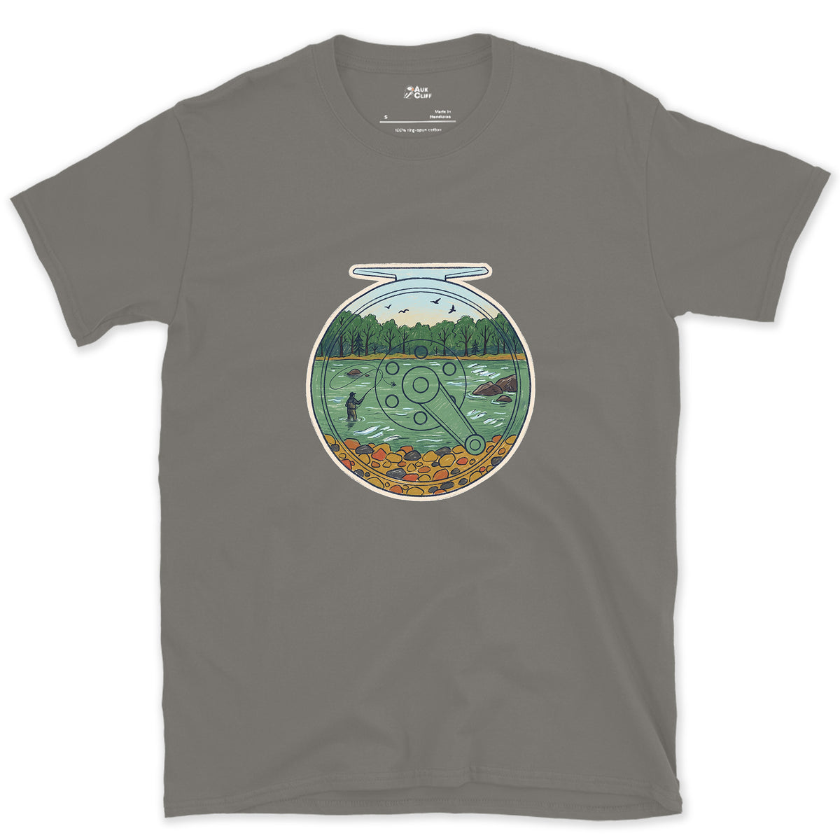 A Summer River on the Reel design on a Charcoal Gildan Softstyle t-shirt