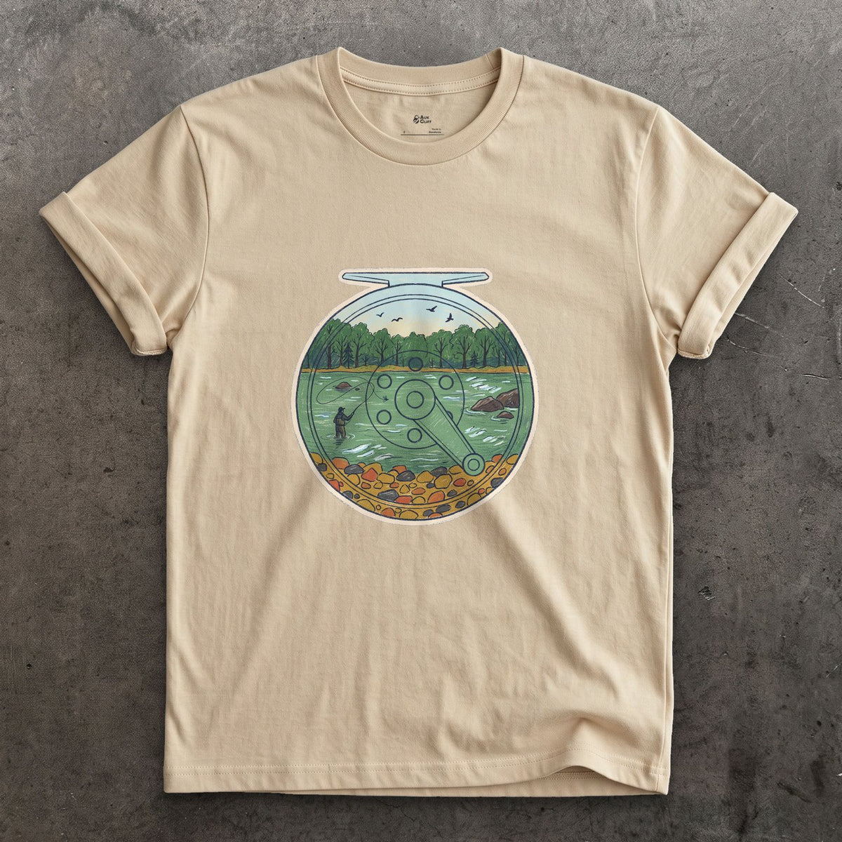 A Summer River on the Reel design on a Sand Gildan Softstyle t-shirt