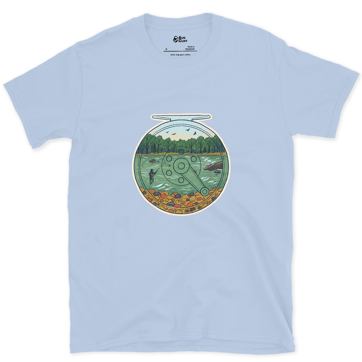 A Summer River on the Reel design on a Light Blue Gildan Softstyle t-shirt