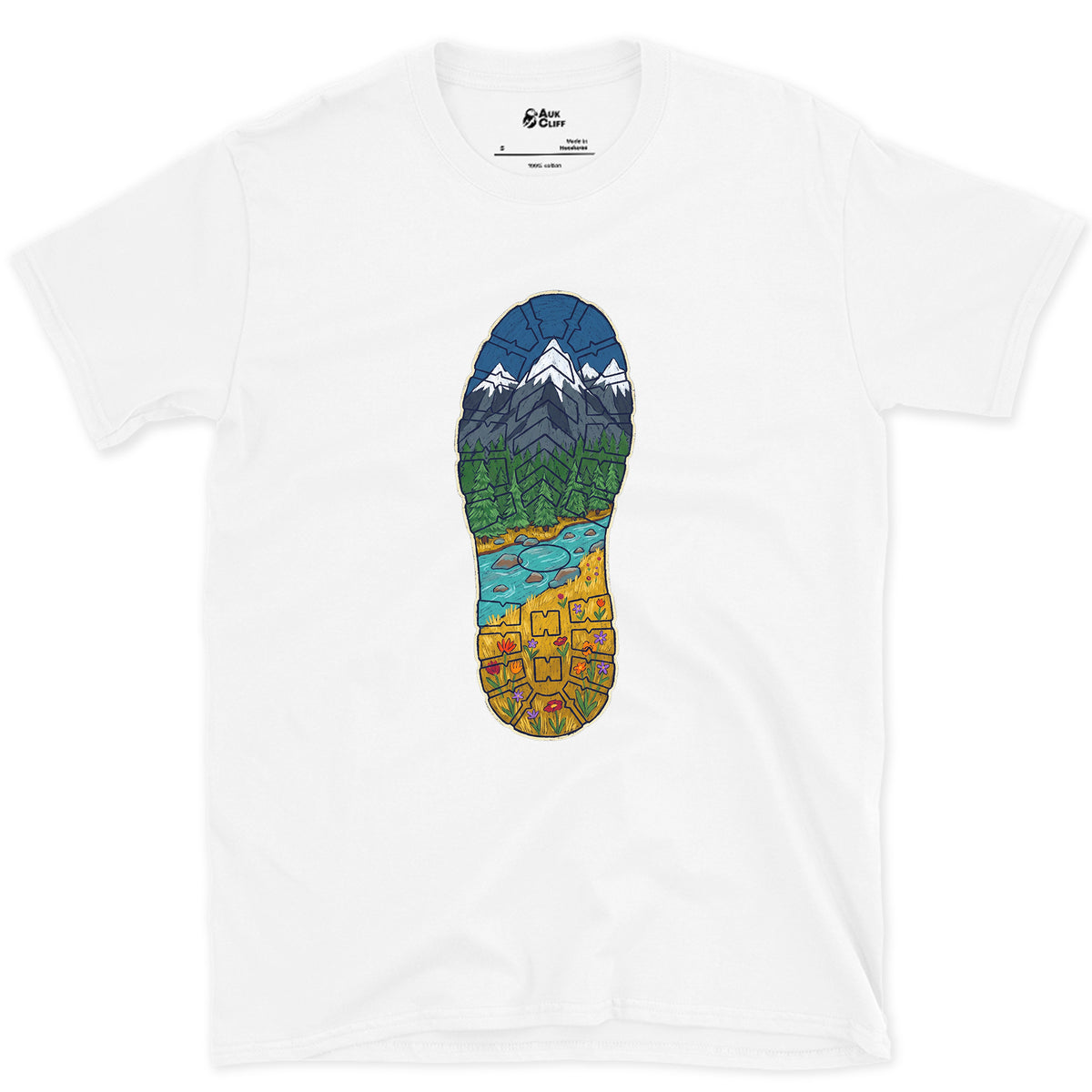 A Whole Valley in the Boot Tread design on a White Gildan Softstyle t-shirt