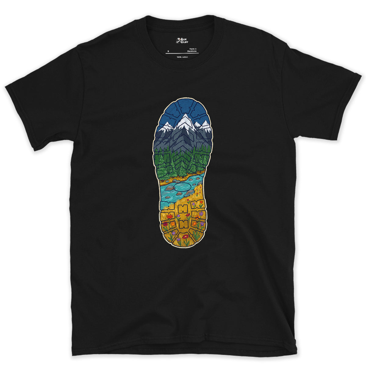 A Whole Valley in the Boot Tread design on a Black Gildan Softstyle t-shirt