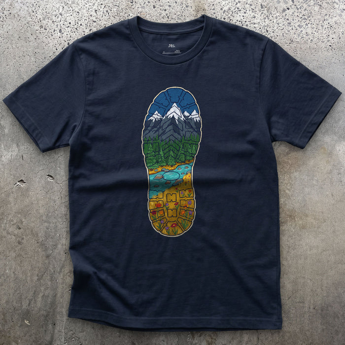 A Whole Valley in the Boot Tread design on a Navy Gildan Softstyle t-shirt