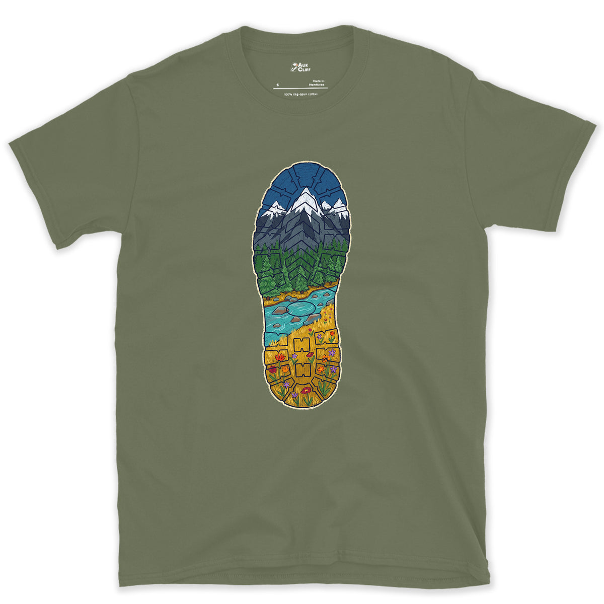 A Whole Valley in the Boot Tread design on a Military Green Gildan Softstyle t-shirt