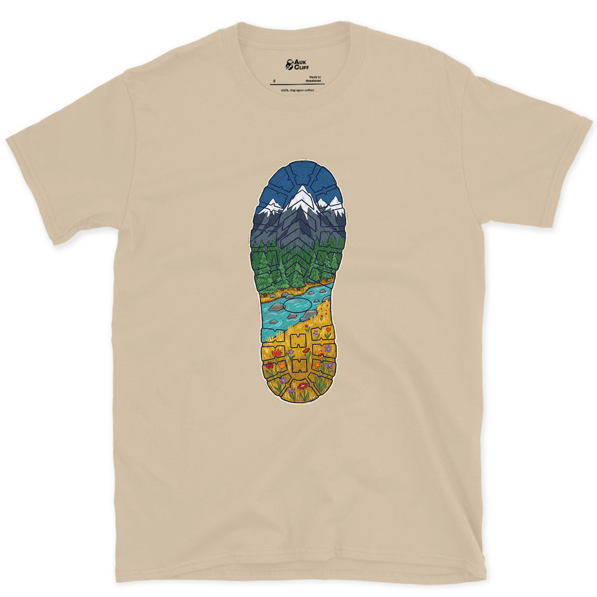 A Whole Valley in the Boot Tread design on a Sand Gildan Softstyle t-shirt