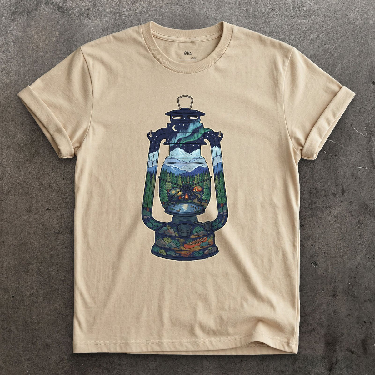 A Whole Camp in One Lantern design on a Sand Gildan Softstyle t-shirt
