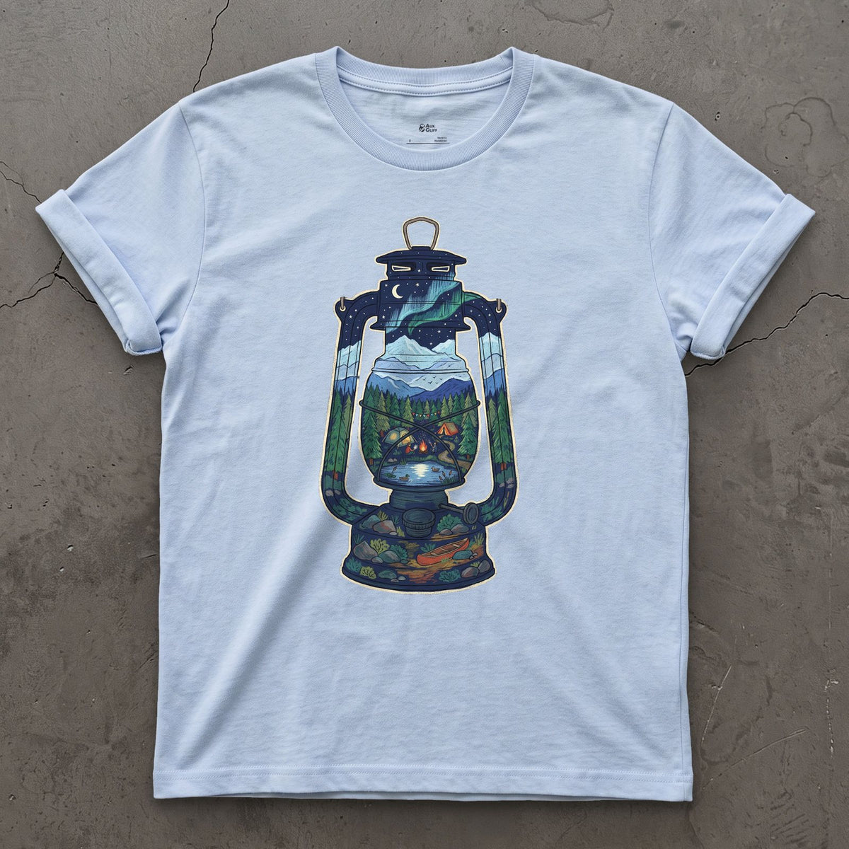 A Whole Camp in One Lantern design on a Light Blue Gildan Softstyle t-shirt