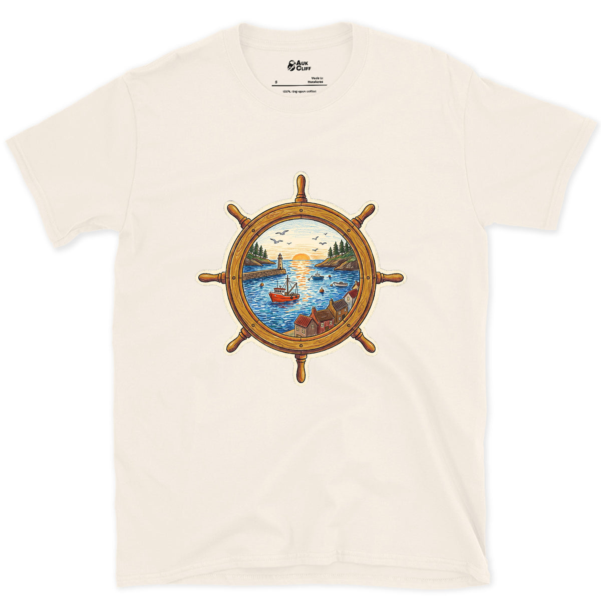 A Working Harbour at the Helm design on a Natural Gildan Softstyle t-shirt