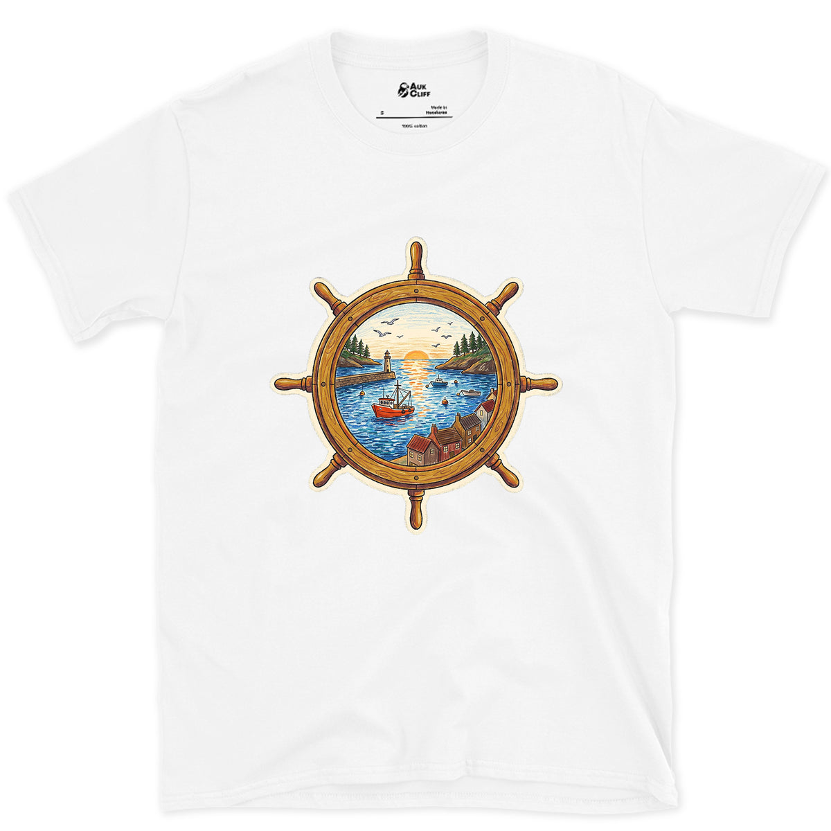 A Working Harbour at the Helm design on a White Gildan Softstyle t-shirt