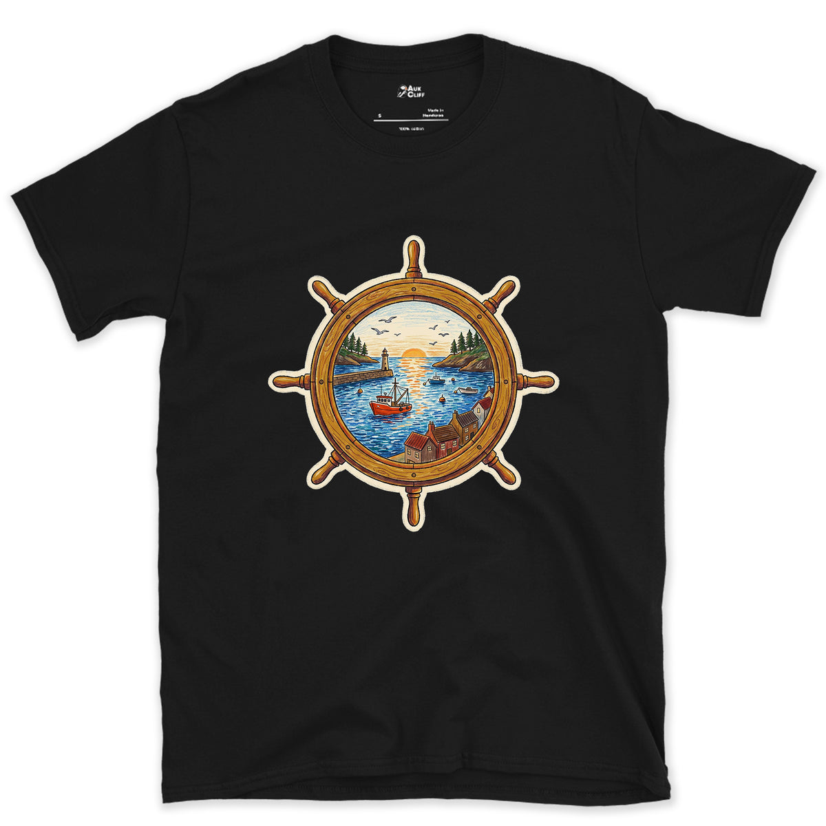 A Working Harbour at the Helm design on a Black Gildan Softstyle t-shirt