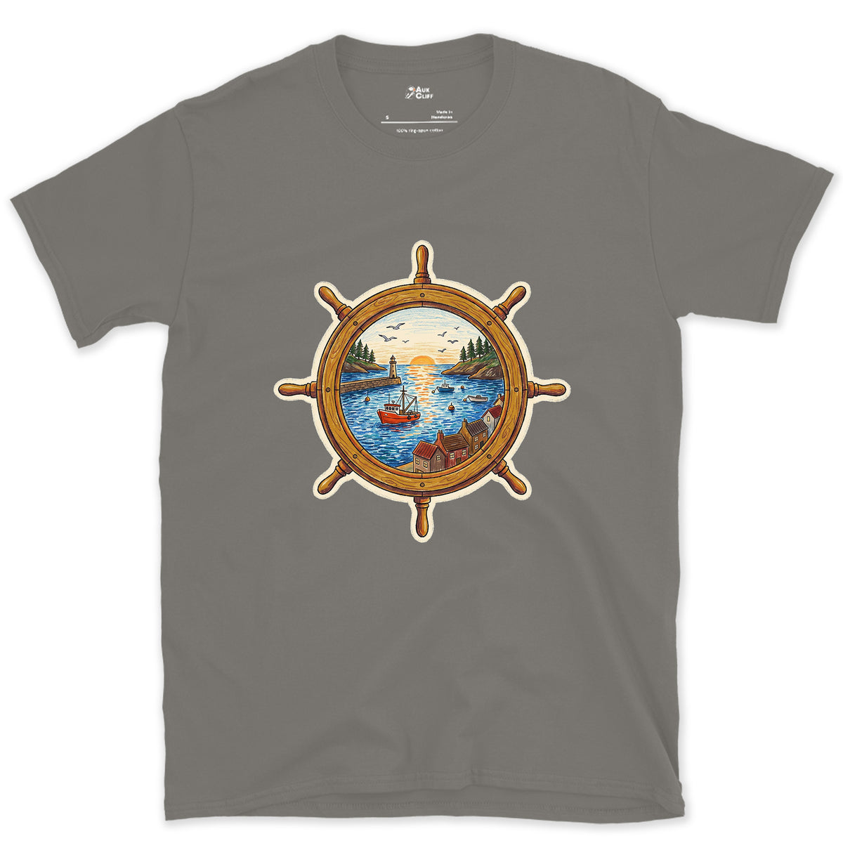 A Working Harbour at the Helm design on a Charcoal Gildan Softstyle t-shirt