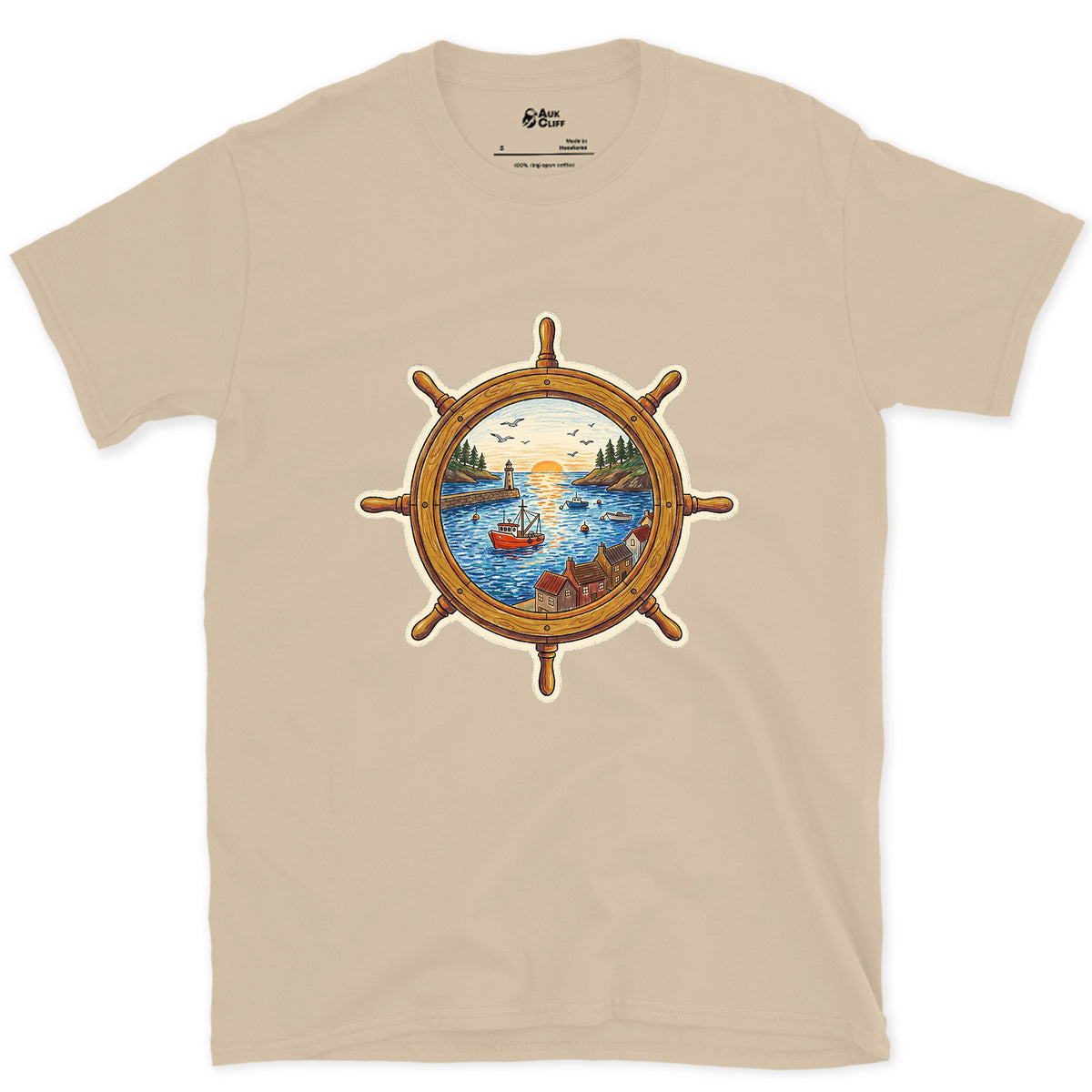 A Working Harbour at the Helm design on a Sand Gildan Softstyle t-shirt