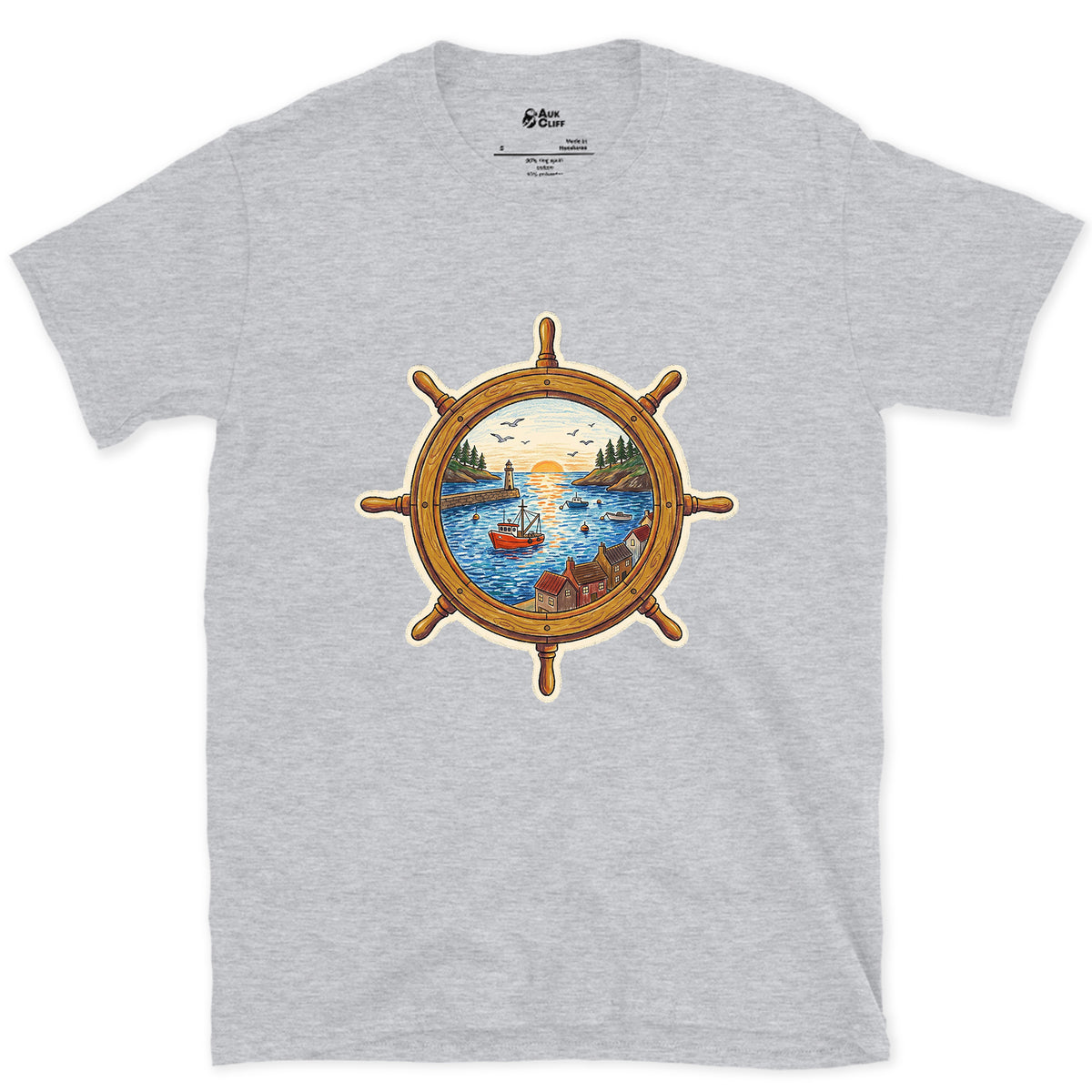 A Working Harbour at the Helm design on a Sport Grey Gildan Softstyle t-shirt