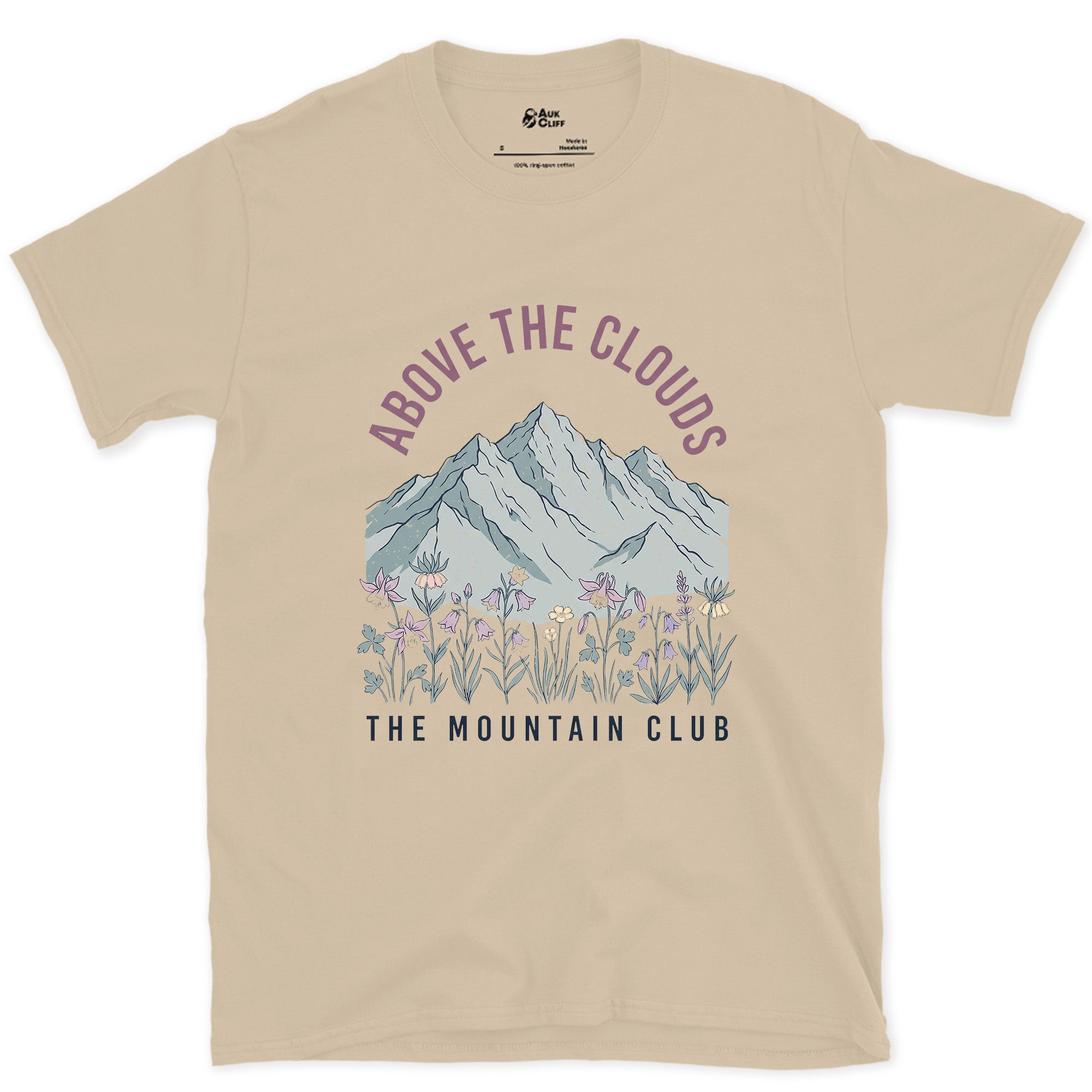 Above the Clouds, Mountain Club design on a Sand Gildan Softstyle t-shirt