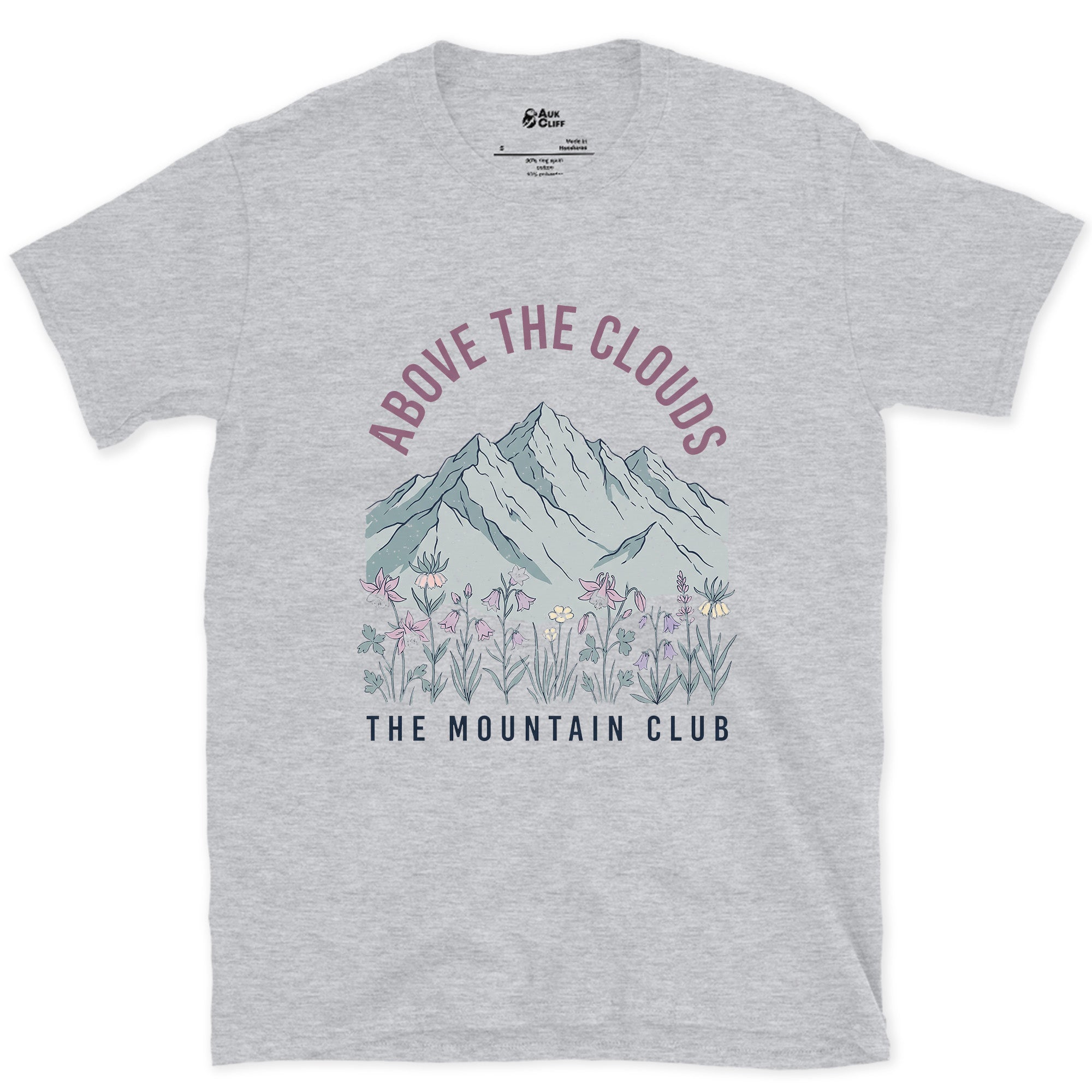 Above the Clouds, Mountain Club design on a Sport Grey Gildan Softstyle t-shirt