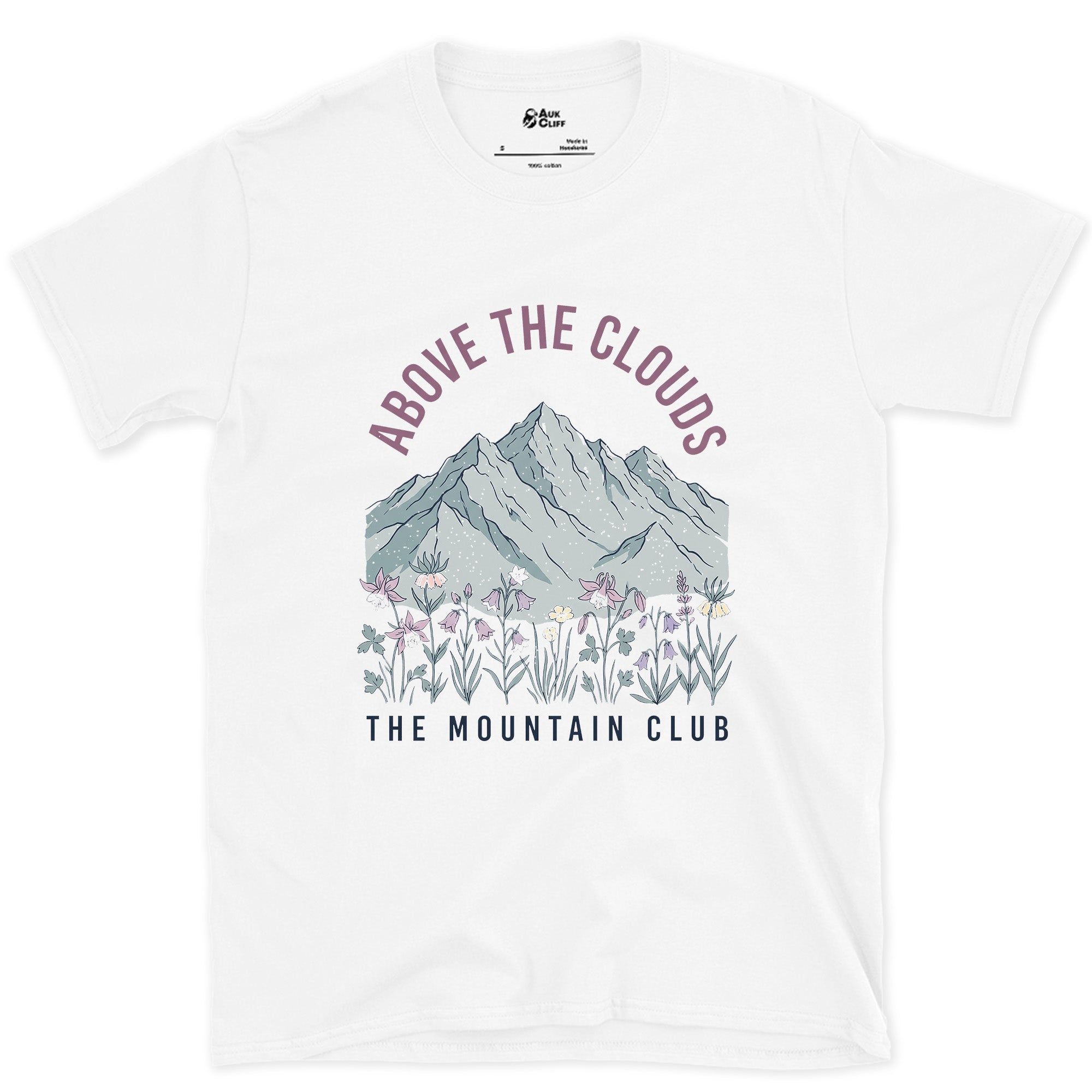 Above the Clouds, Mountain Club design on a White Gildan Softstyle t-shirt