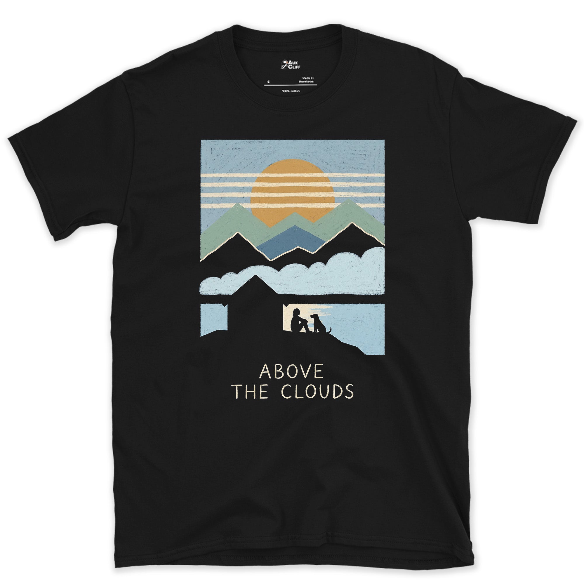 Above the Clouds, Mountain Hut design on a Black Gildan Softstyle t-shirt