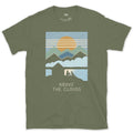 Above the Clouds, Mountain Hut design on a Military Green Gildan Softstyle t-shirt