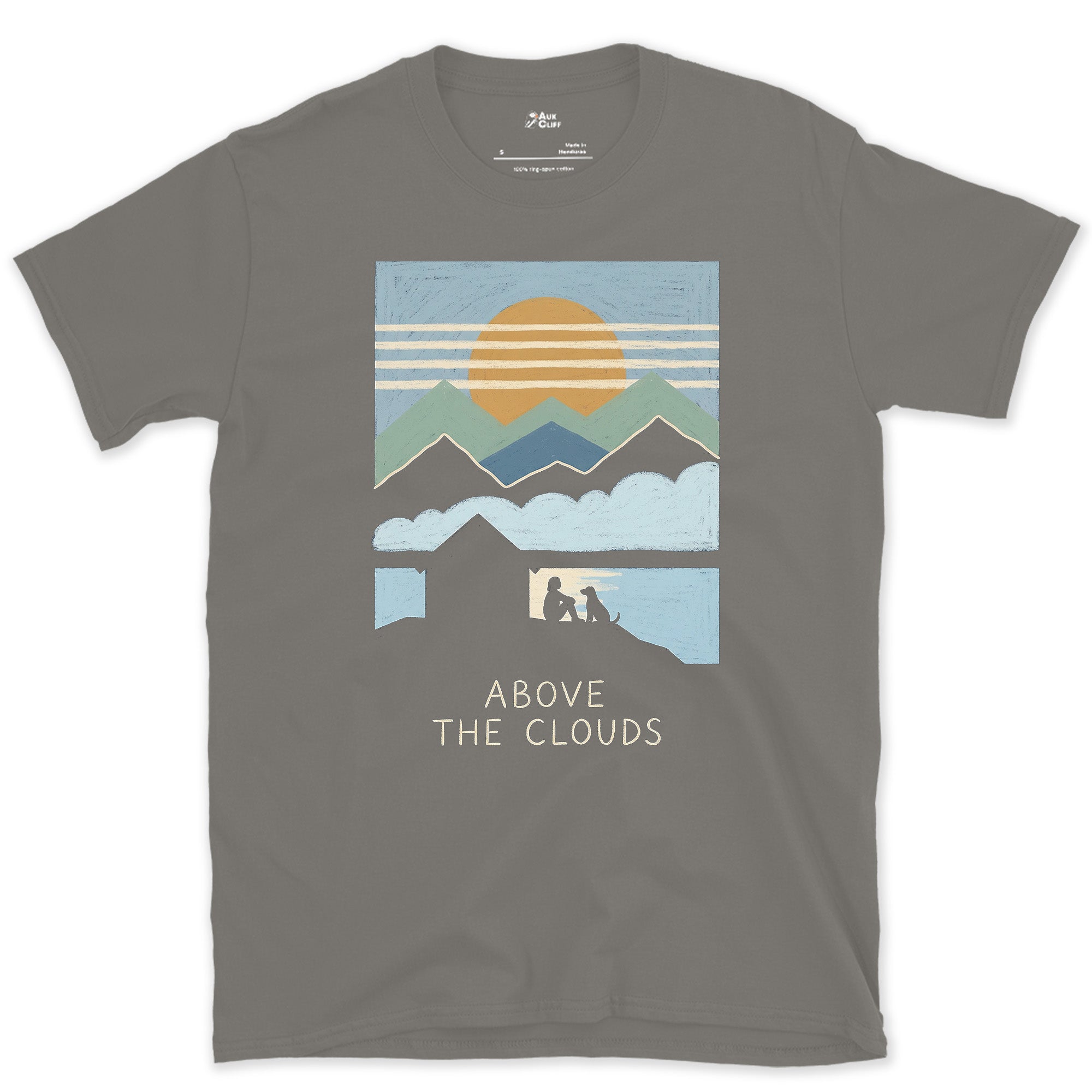 Above the Clouds, Mountain Hut design on a Charcoal Gildan Softstyle t-shirt