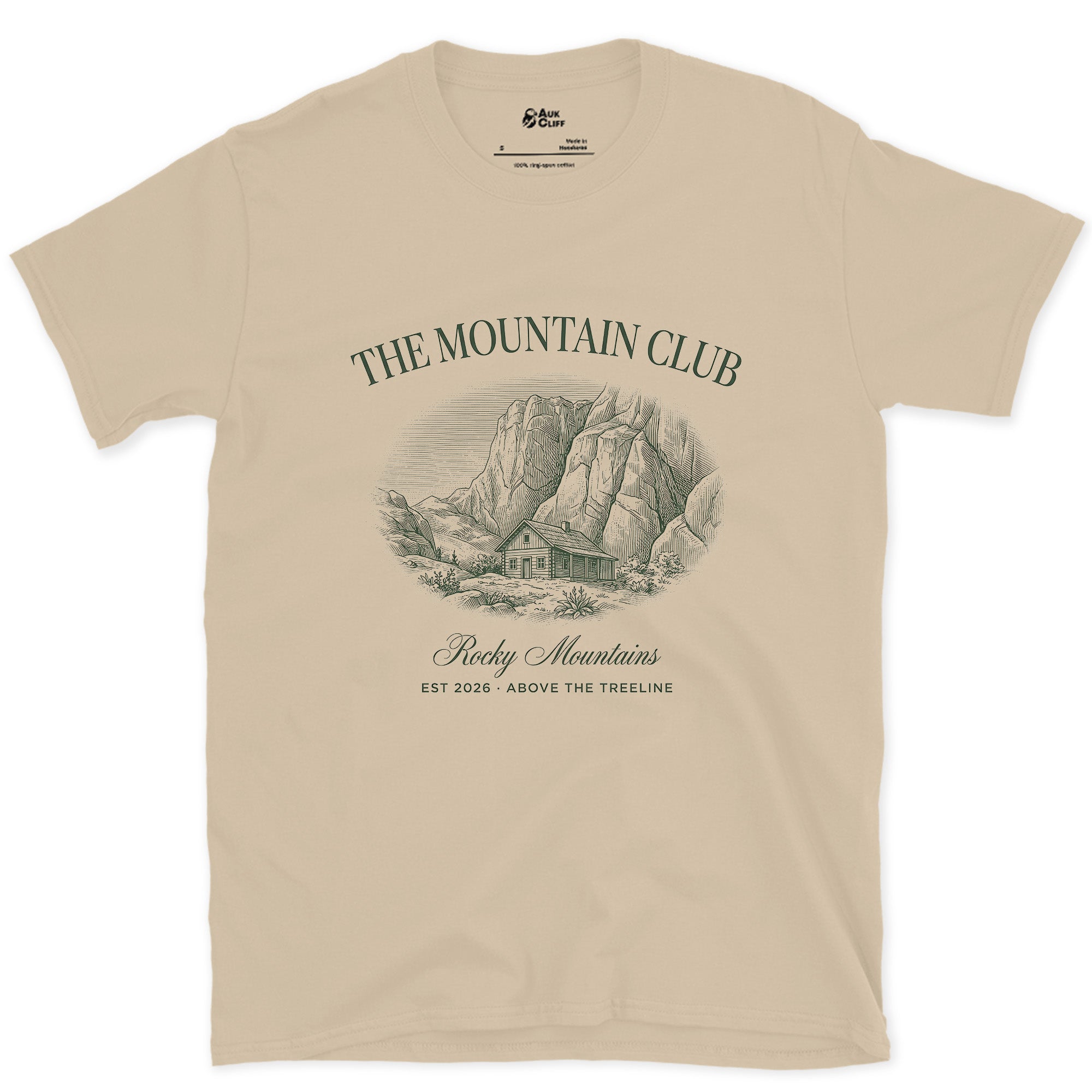 Above the Treeline, Mountain design on a Sand Gildan Softstyle t-shirt