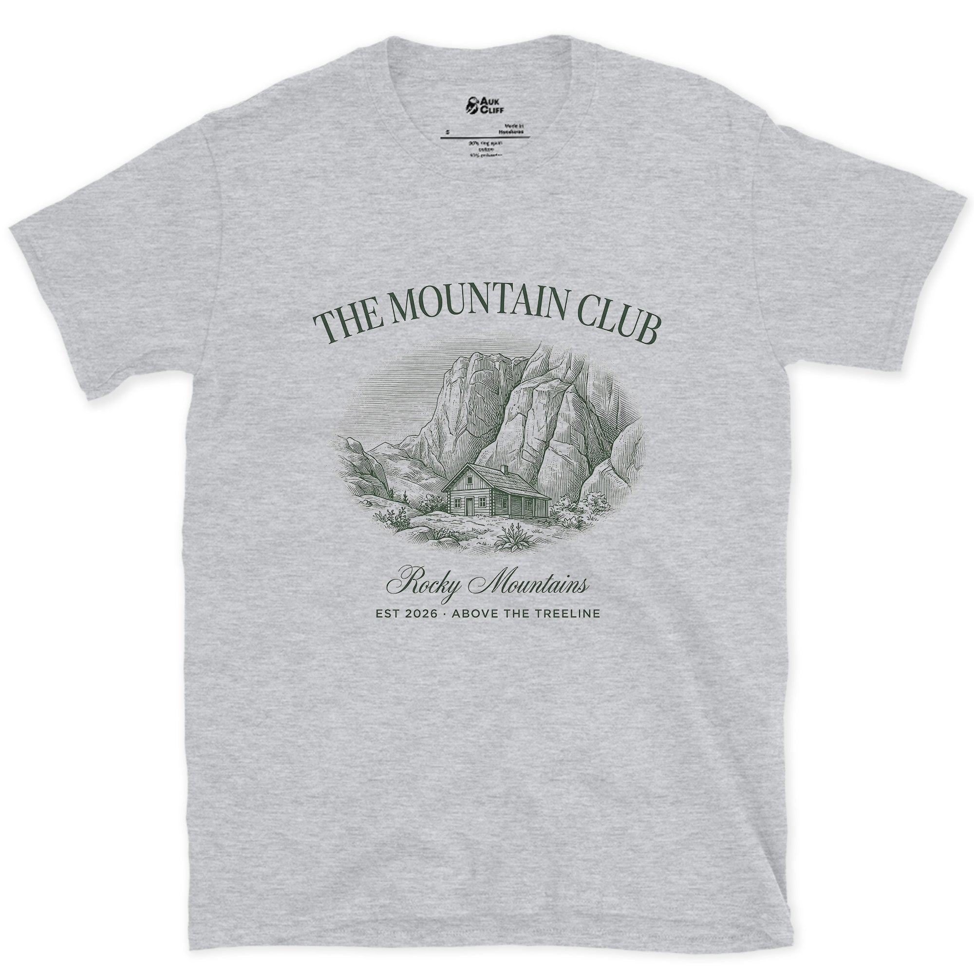 Above the Treeline, Mountain design on a Sport Grey Gildan Softstyle t-shirt
