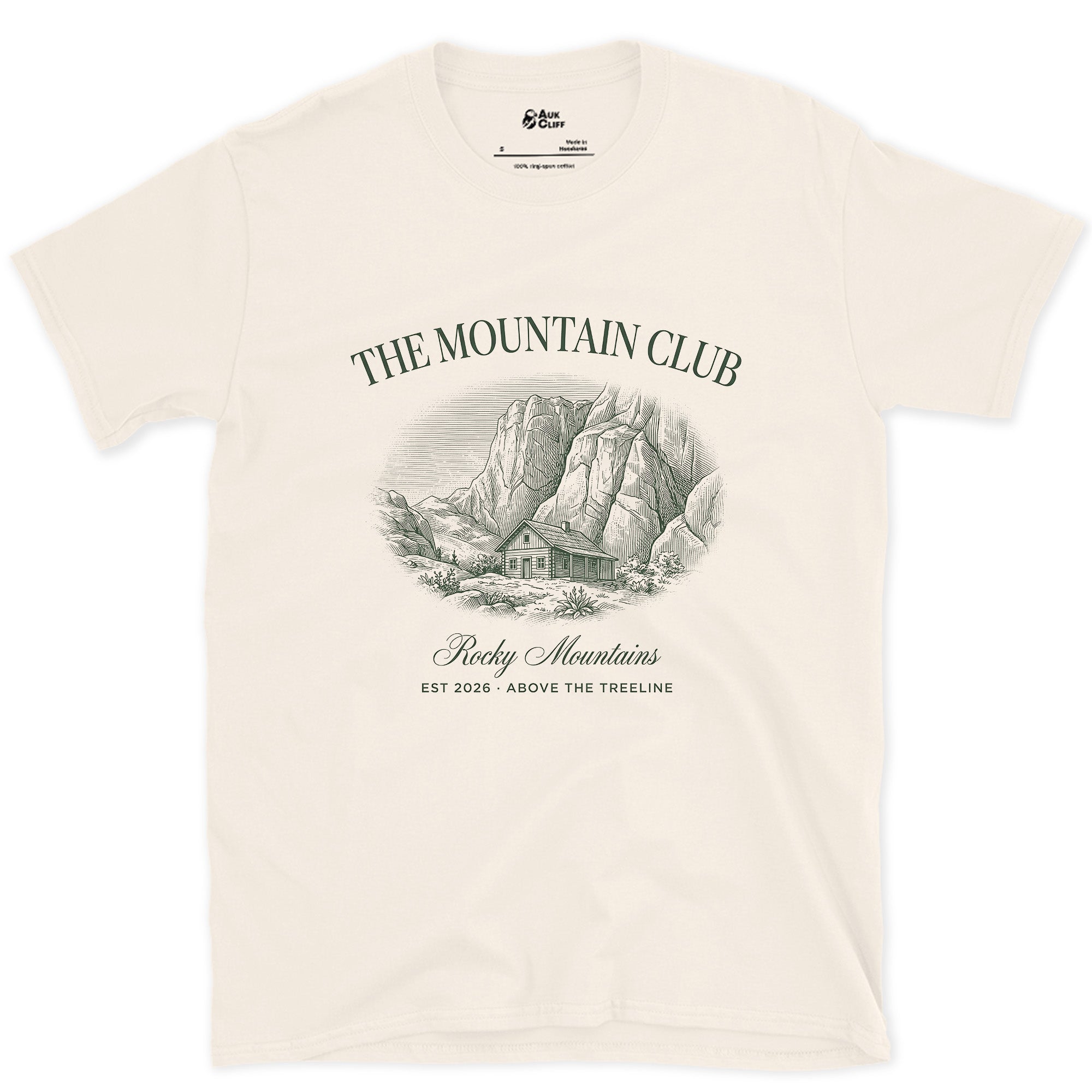 Above the Treeline, Mountain design on a Natural Gildan Softstyle t-shirt