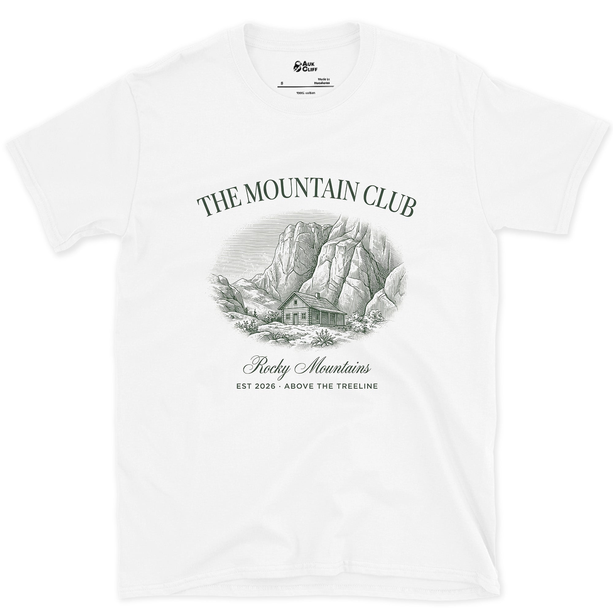 Above the Treeline, Mountain design on a White Gildan Softstyle t-shirt