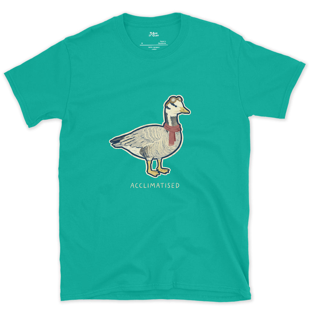 Acclimatised at Altitude, Bar-Headed Goose design on a Jade Dome Gildan Softstyle t-shirt