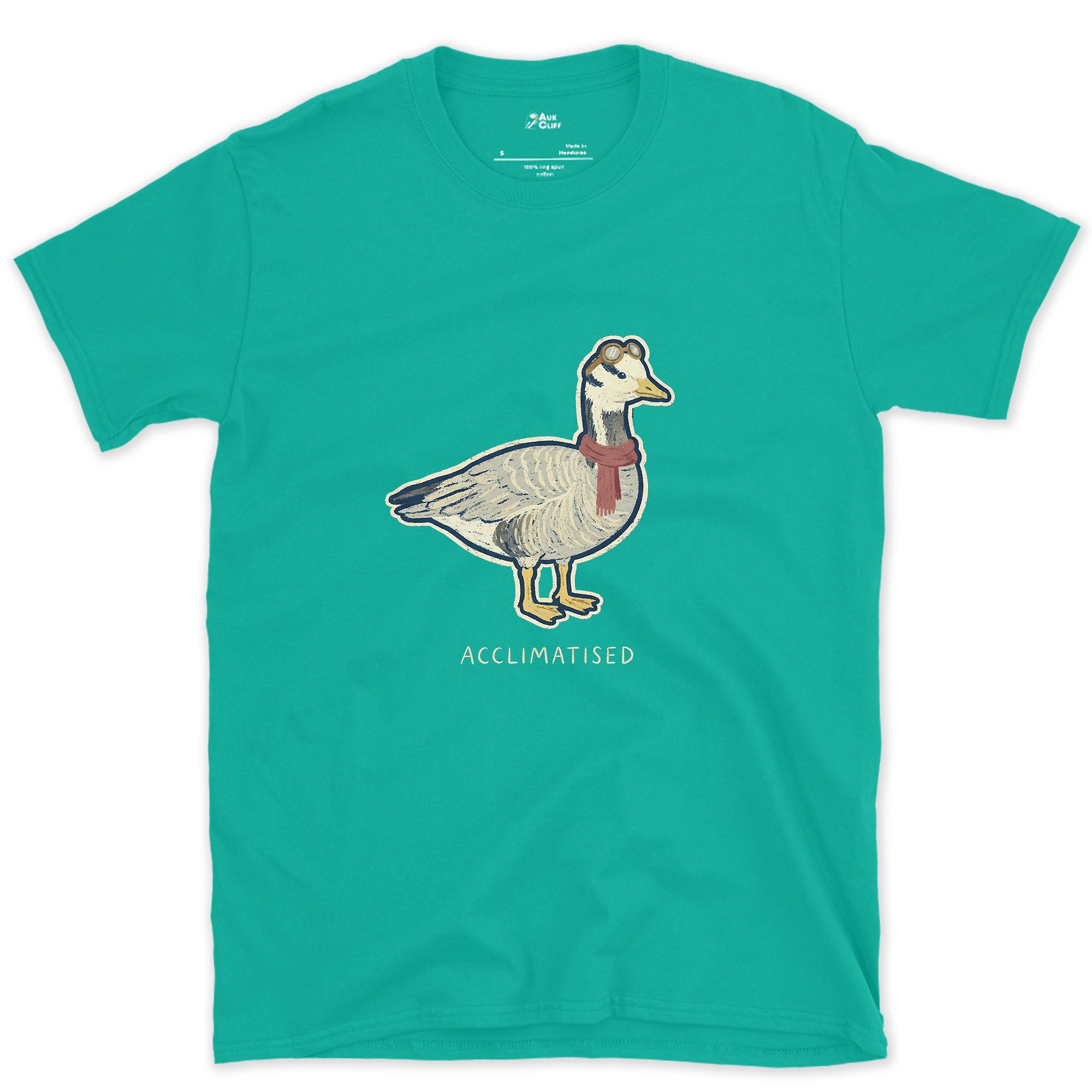 Acclimatised at Altitude, Bar-Headed Goose design on a Jade Dome Gildan Softstyle t-shirt