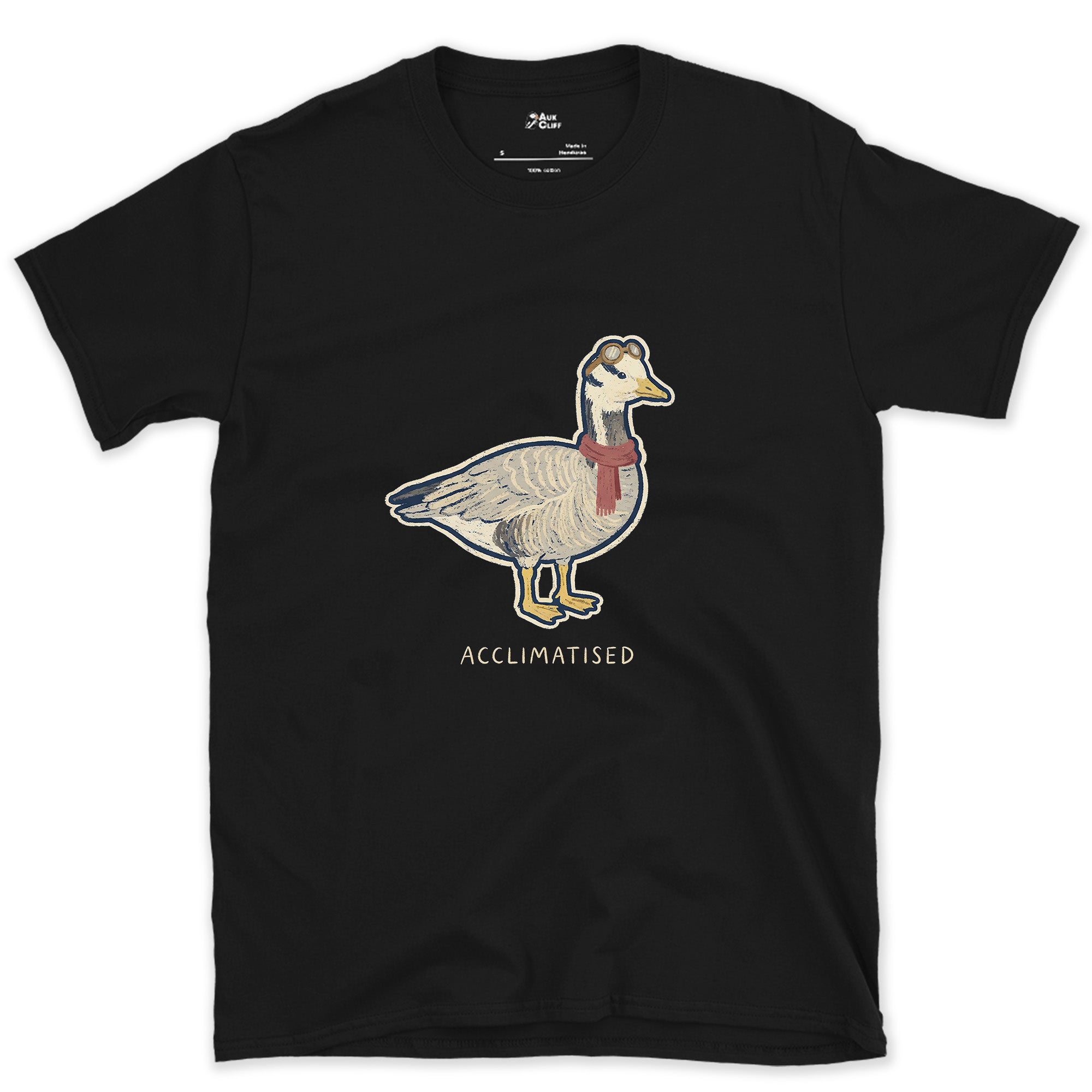 Acclimatised at Altitude, Bar-Headed Goose design on a Black Gildan Softstyle t-shirt