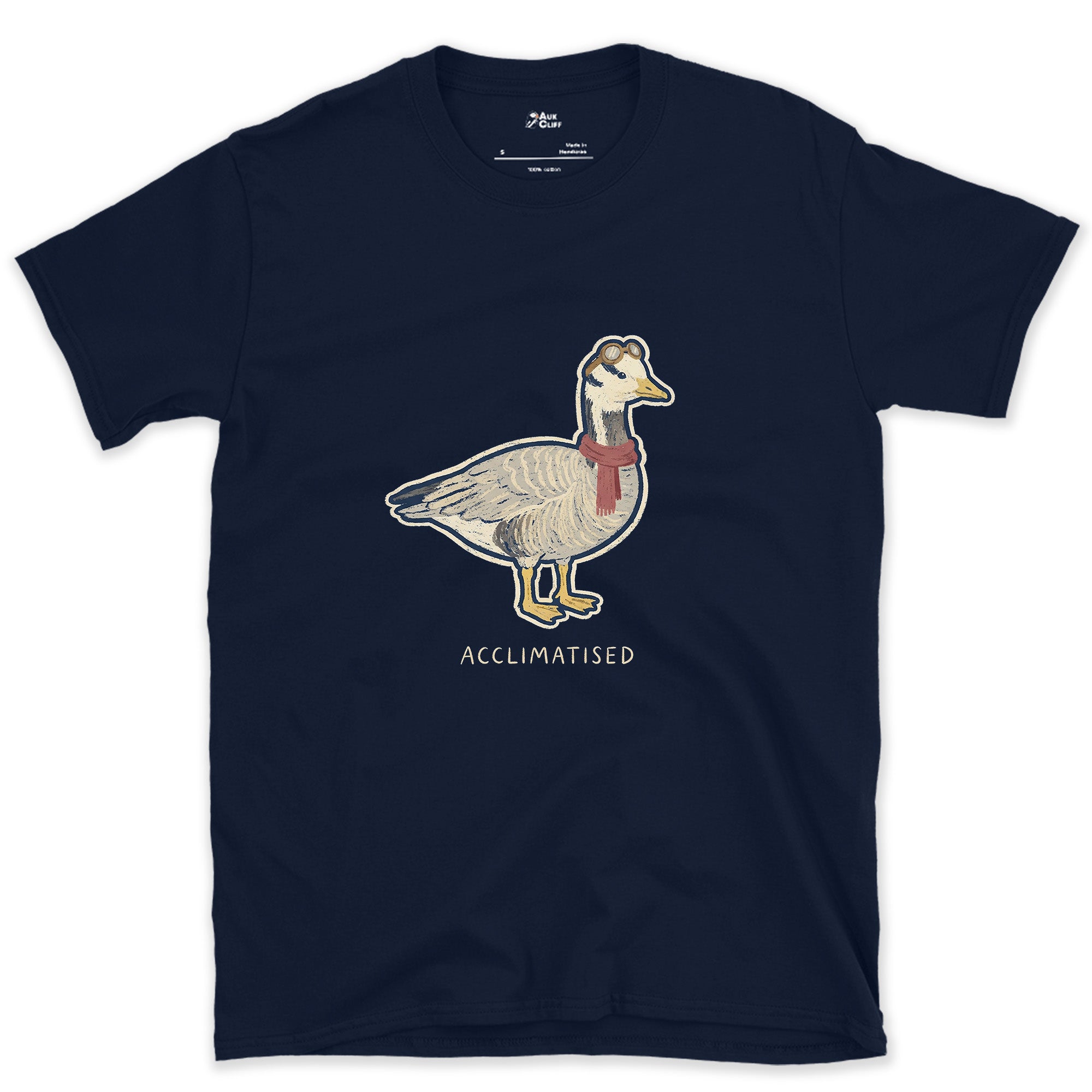 Acclimatised at Altitude, Bar-Headed Goose design on a Navy Gildan Softstyle t-shirt