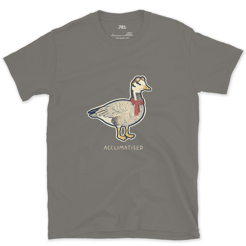 Acclimatised at Altitude, Bar-Headed Goose design on a Charcoal Gildan Softstyle t-shirt