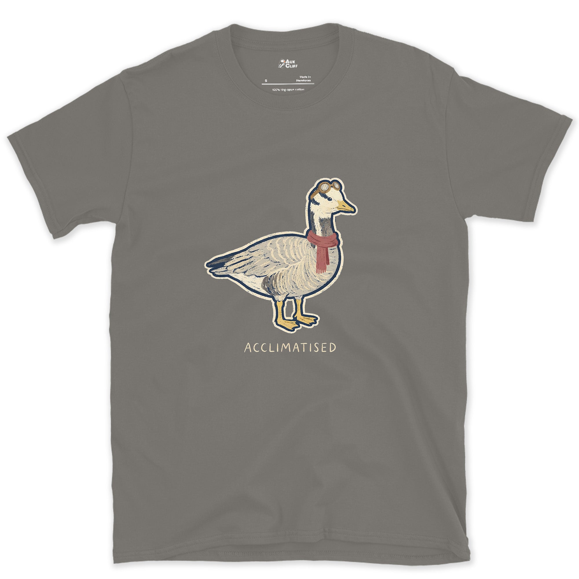 Acclimatised at Altitude, Bar-Headed Goose design on a Charcoal Gildan Softstyle t-shirt