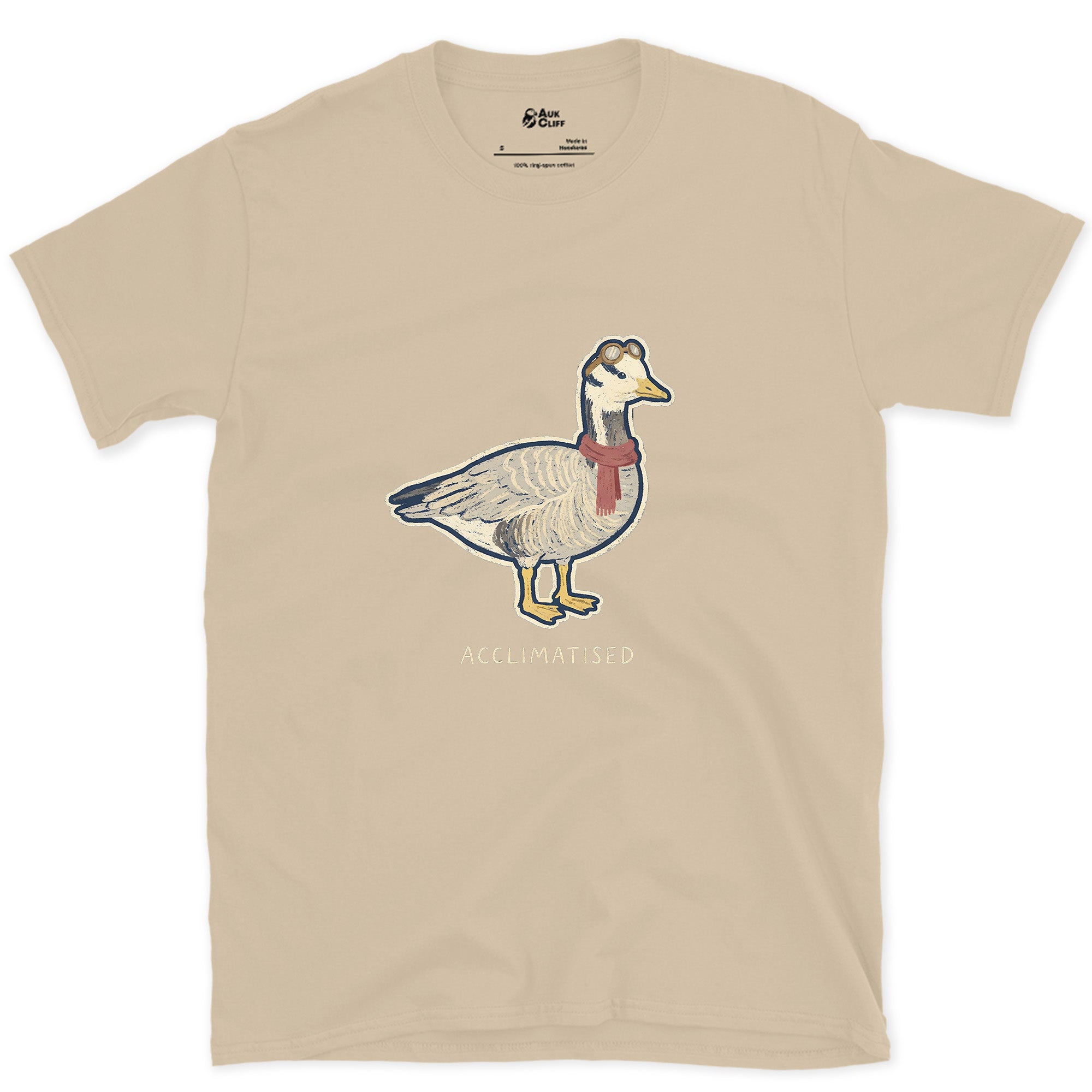 Acclimatised at Altitude, Bar-Headed Goose design on a Sand Gildan Softstyle t-shirt