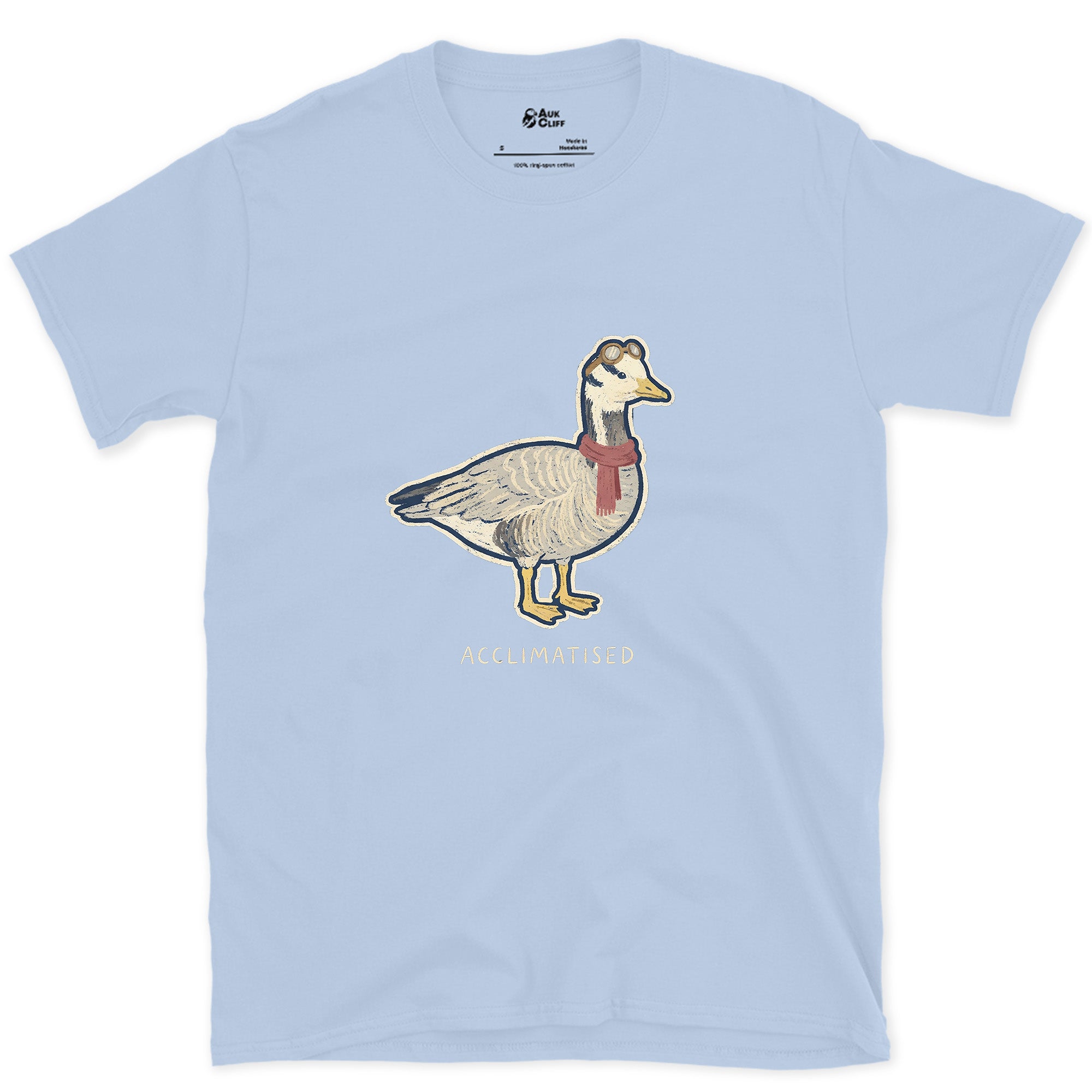 Acclimatised at Altitude, Bar-Headed Goose design on a Light Blue Gildan Softstyle t-shirt