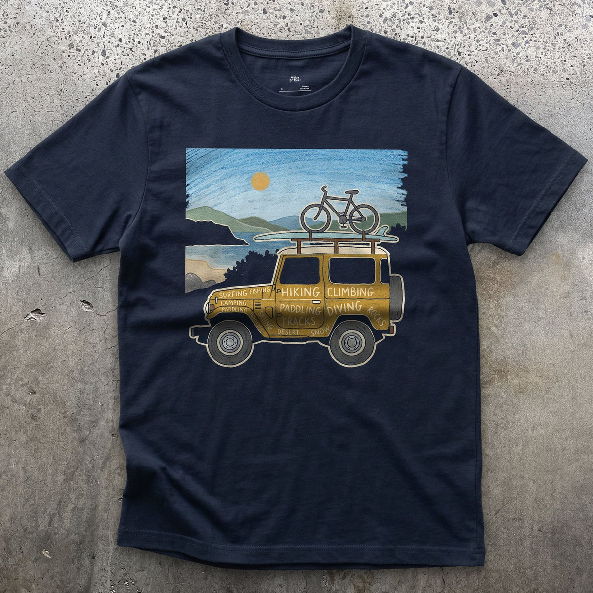 4x4 Beside the Water, Every Sport Painted On design on a Navy Gildan Softstyle t-shirt
